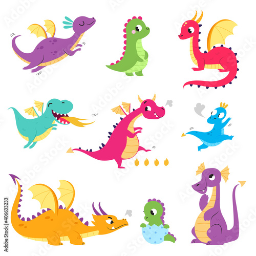 Cute Colorful Little Dragons Set  Funny Baby Dinosaurs  Fairy Tale Characters Cartoon Style Vector Illustration