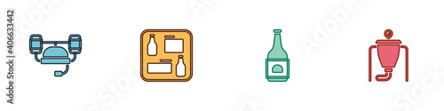 Set Beer helmet, menu, bottle and brewing process icon. Vector.