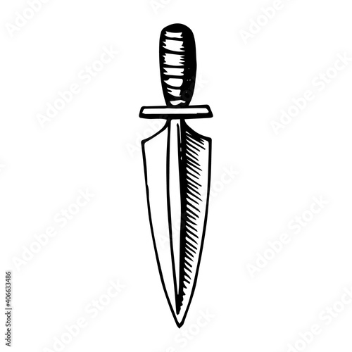 Knife dagger blade with handle. Hand drawn black outline doodle sketch engraving. Logo tattoo icon. Stock vector illustration isolated on white background.