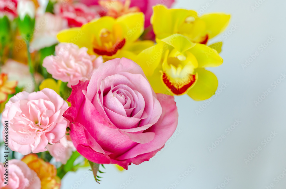 Colorful bouquet of flowers on white background for anniversary or Valentine's day concept.