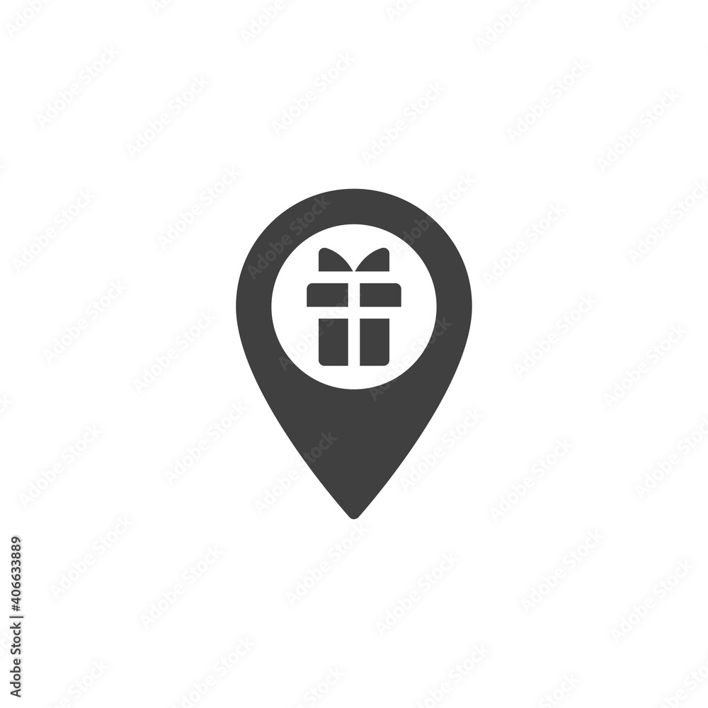 Obraz premium Gift store location vector icon. filled flat sign for mobile concept and web design. Map pin with gift box glyph icon. Symbol, logo illustration. Vector graphics