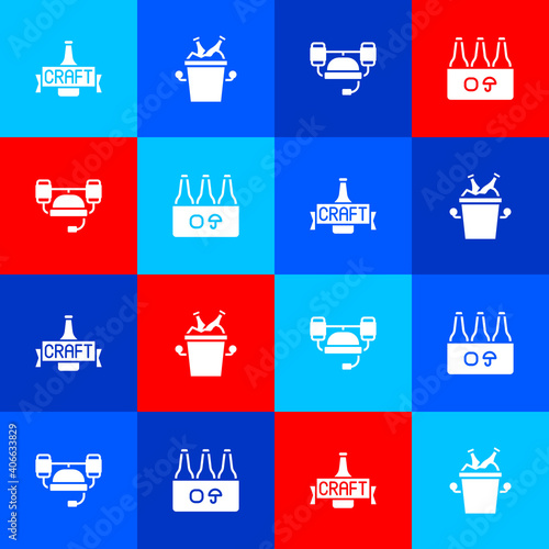 Set Beer bottle, bottles in ice bucket, helmet and Pack of beer icon. Vector.