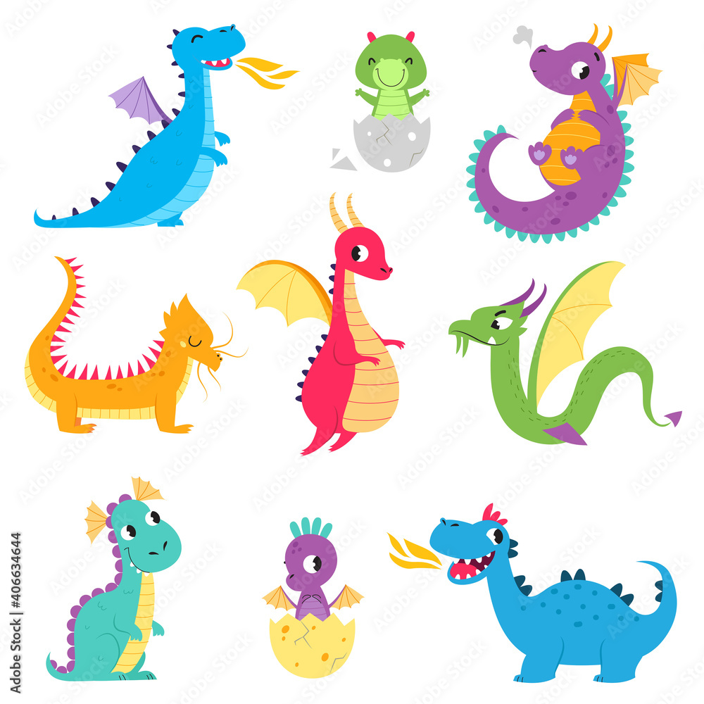 Plakat Cute Colorful Little Dragons Set, Adorable Fantastic Creatures, Fairy Tale Characters Cartoon Style Vector Illustration