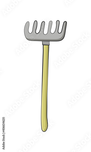 Garden rake isolated on white background. Hand-drawn style. Vector illustration