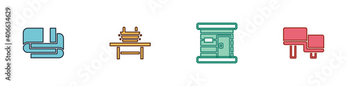Set Towel stack, Sauna bench with bucket, wooden bathhouse and icon. Vector.