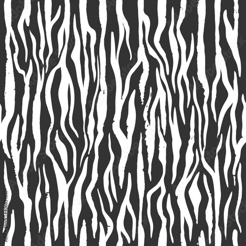 Zebra skin, stripes grunge pattern. Animal print. Black and white seamless background. Vector texture.