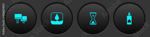 Set Sauna wood bench, Water drop, hourglass and Spray can for hairspray icon. Vector.