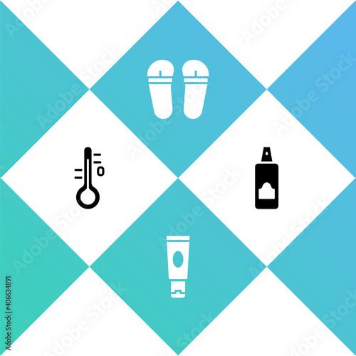 Set Sauna thermometer, Cream or lotion cosmetic tube, Flip flops and Spray can for hairspray icon. Vector.