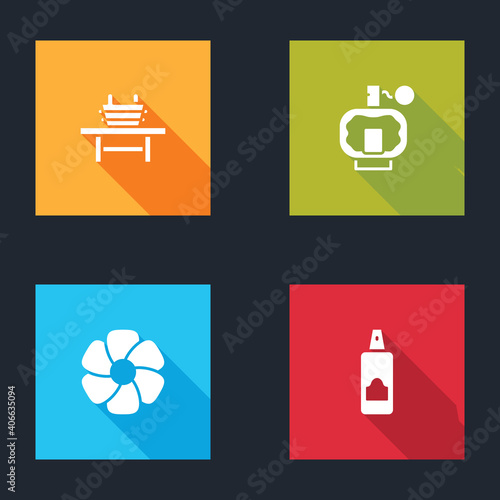 Set Sauna bench with bucket, Aftershave, Flower and Spray can for hairspray icon. Vector.