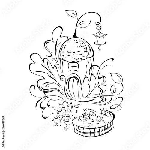 cartoon 9. miniature fairy-tale house in the form of an acorn among oak leaves, with a small garden and a lantern on the roof