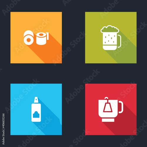 Set Toilet paper roll, Wooden beer mug, Spray can for hairspray and Cup of tea with tea bag icon. Vector.