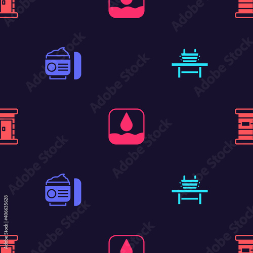 Set Sauna bench with bucket, Cream or lotion cosmetic tube, Water drop and wooden bathhouse on seamless pattern. Vector.