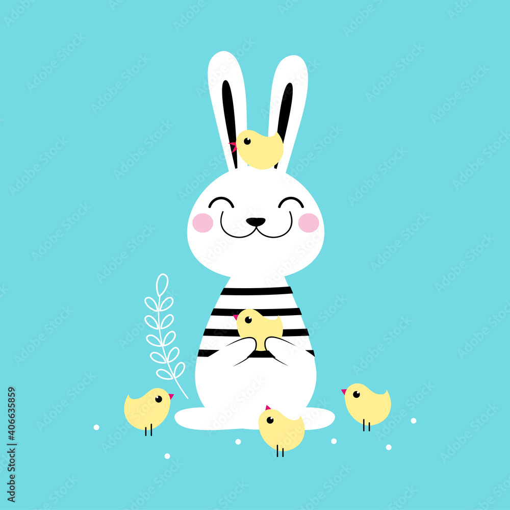 Cute Little Bunny Playing with Little Chickens, Adorable White Easter Rabbit, Easter Egg Hunt Card, Poster, Invitation Design Cartoon Style Vector Illustration Cute Little Bunny Playing with Little Chickens, Adorable White Easter Rabbit, Easter Egg Hunt Card, Poster, Invitation Design Cartoon Style Vector Illustration