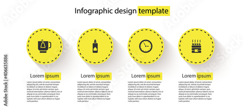 Set Cup of tea with tea bag, Spray can for hairspray, Sauna clock and Hot sauna stones. Business infographic template. Vector.