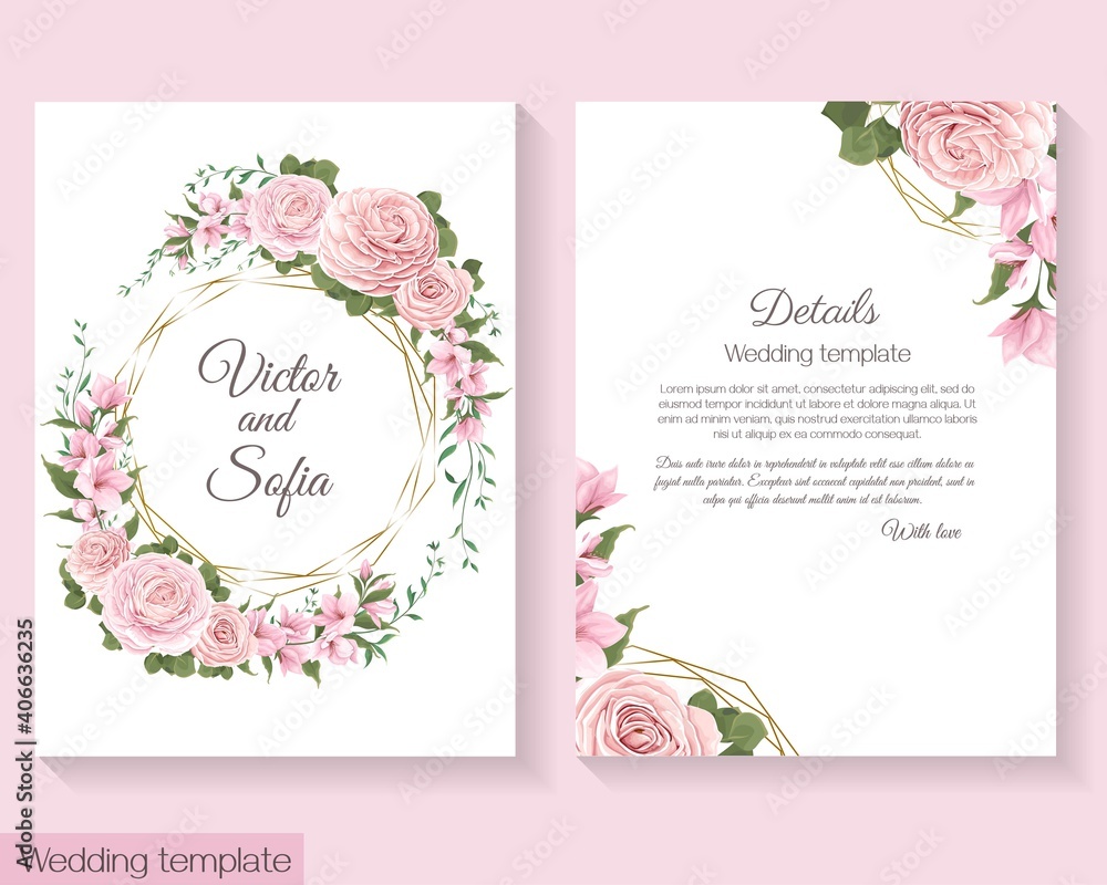 Floral template for wedding invitation. Pink roses, sakura, magnolia, green plants and flowers, gold polygonal frame.