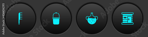 Set Hairbrush, Sauna bucket, Essential oil bottle and wooden bathhouse icon. Vector.