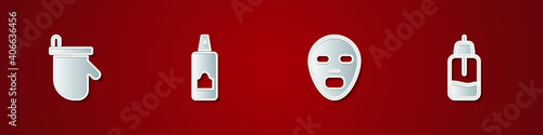Set Sauna mittens, Spray can for hairspray, Facial cosmetic mask and Essential oil bottle icon. Vector.