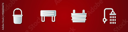Set Sauna bucket, wood bench, and Shower icon. Vector.
