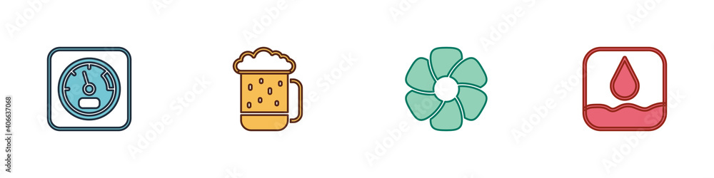 Set Sauna thermometer, Wooden beer mug, Flower and Water drop icon. Vector. Set Sauna thermometer, Wooden beer mug, Flower and Water drop icon. Vector.