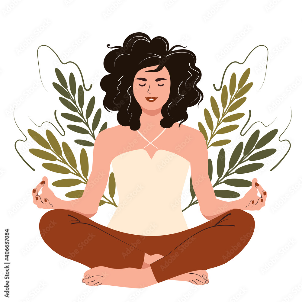 Young happy woman in yoga lotus pose. Girl meditation and mindfulness practice, spiritual discipline. Flat cartoon vector illustration. Young happy woman in yoga lotus pose. Girl meditation and mindfulness practice, spiritual discipline. Flat cartoon vector illustration.