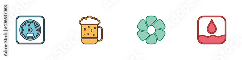 Set Sauna thermometer, Wooden beer mug, Flower and Water drop icon. Vector. photo