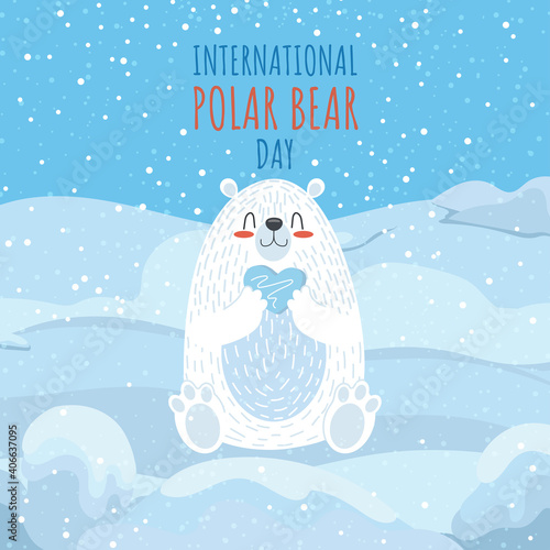 International polar bear day postcard. A cute bear sits at the North Pole and holds a heart of ice in its paws. Vector illustration