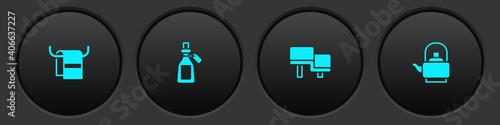 Set Towel on a hanger, Essential oil bottle, Sauna wood bench and Kettle with handle icon. Vector.