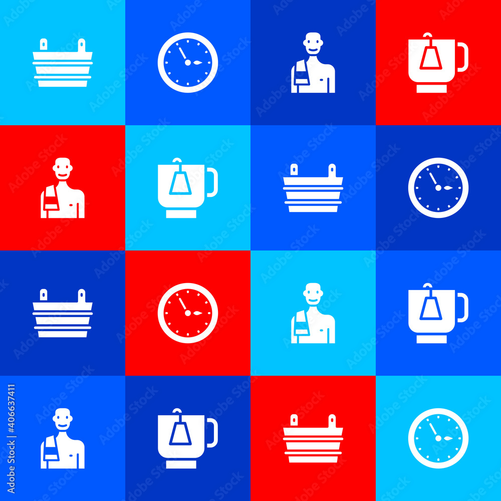 Set Sauna bucket, clock, Man in the sauna and Cup of tea with tea bag icon. Vector. Set Sauna bucket, clock, Man in the sauna and Cup of tea with tea bag icon. Vector.