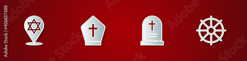 Set Star of David, Pope hat, Tombstone with cross and Dharma wheel icon. Vector.