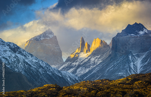 sunset over the mountain range of Torres del Paine photo
