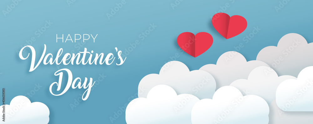 Red hearts paper cut romantic concept in pastel sky pastel background. Valentine's Day greeting card concept.