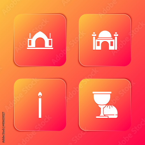 Set Hindu spiritual temple  Muslim Mosque  Burning candle and Holy grail or chalice icon. Vector.