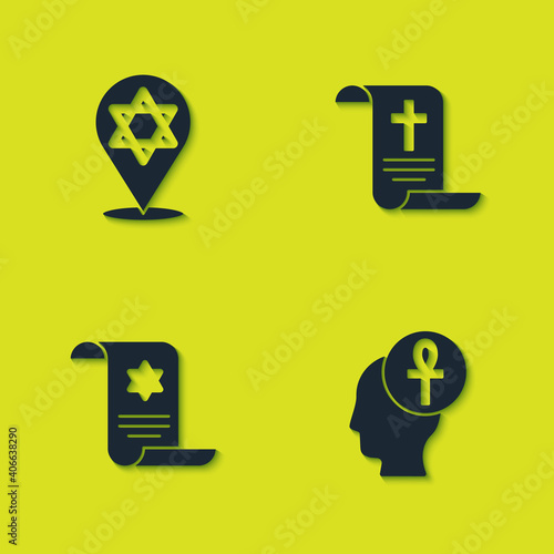 Set Star of David, Cross ankh, Torah scroll and Decree, paper, parchment, icon. Vector.