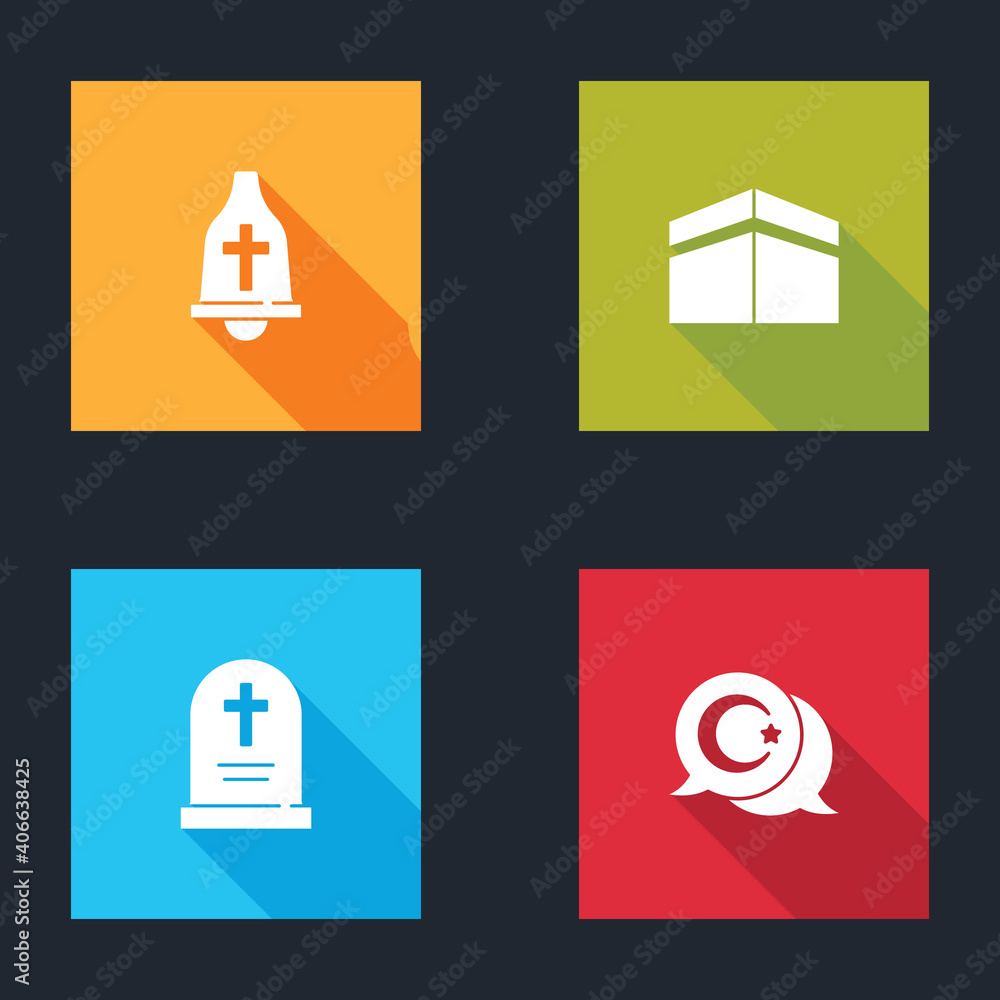 Set Church bell, Kaaba mosque, Tombstone with cross and Star and crescent icon. Vector. Set Church bell, Kaaba mosque, Tombstone with cross and Star and crescent icon. Vector.