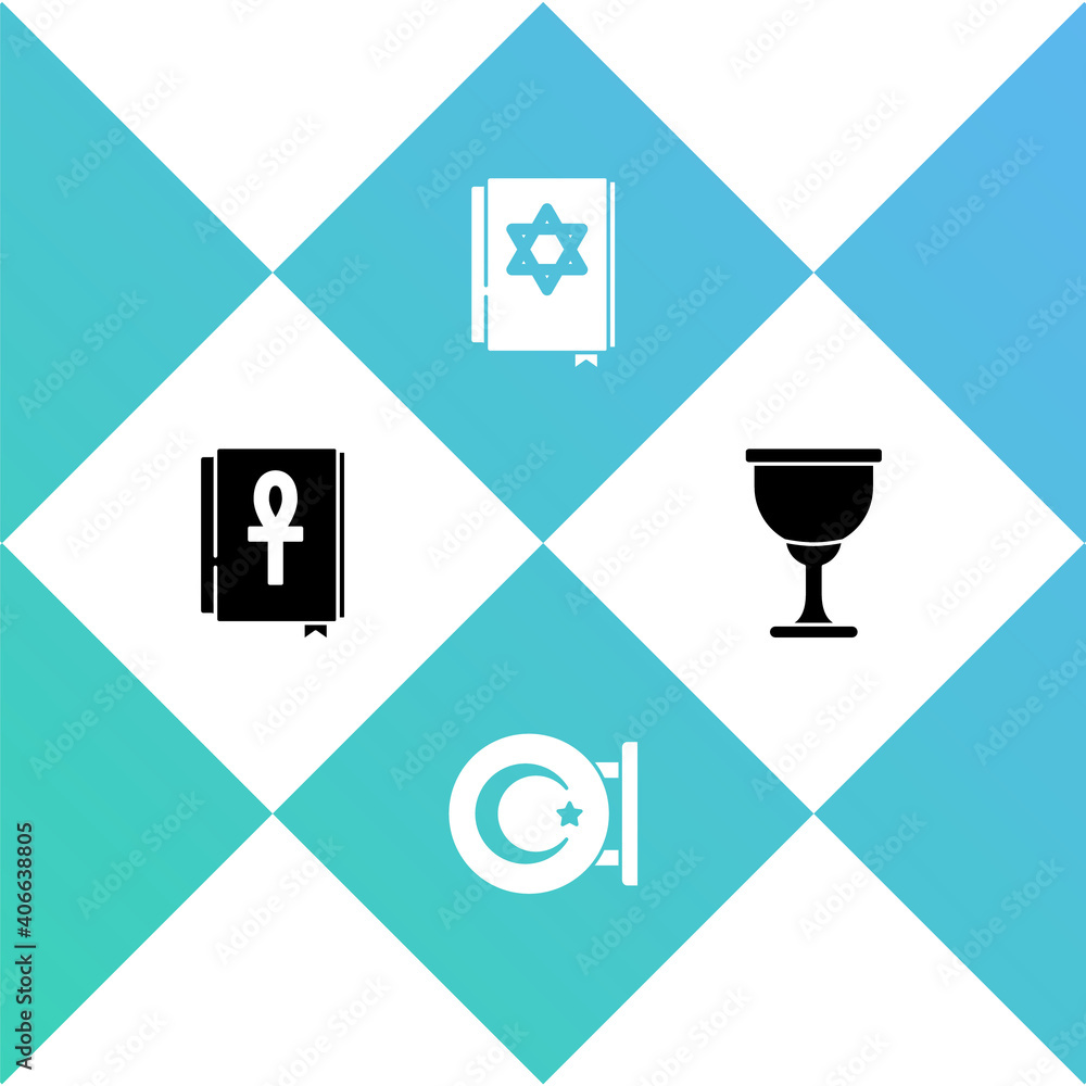 Set Cross ankh book, Star and crescent, Jewish torah and Holy grail chalice icon. Vector. Set Cross ankh book, Star and crescent, Jewish torah and Holy grail chalice icon. Vector.
