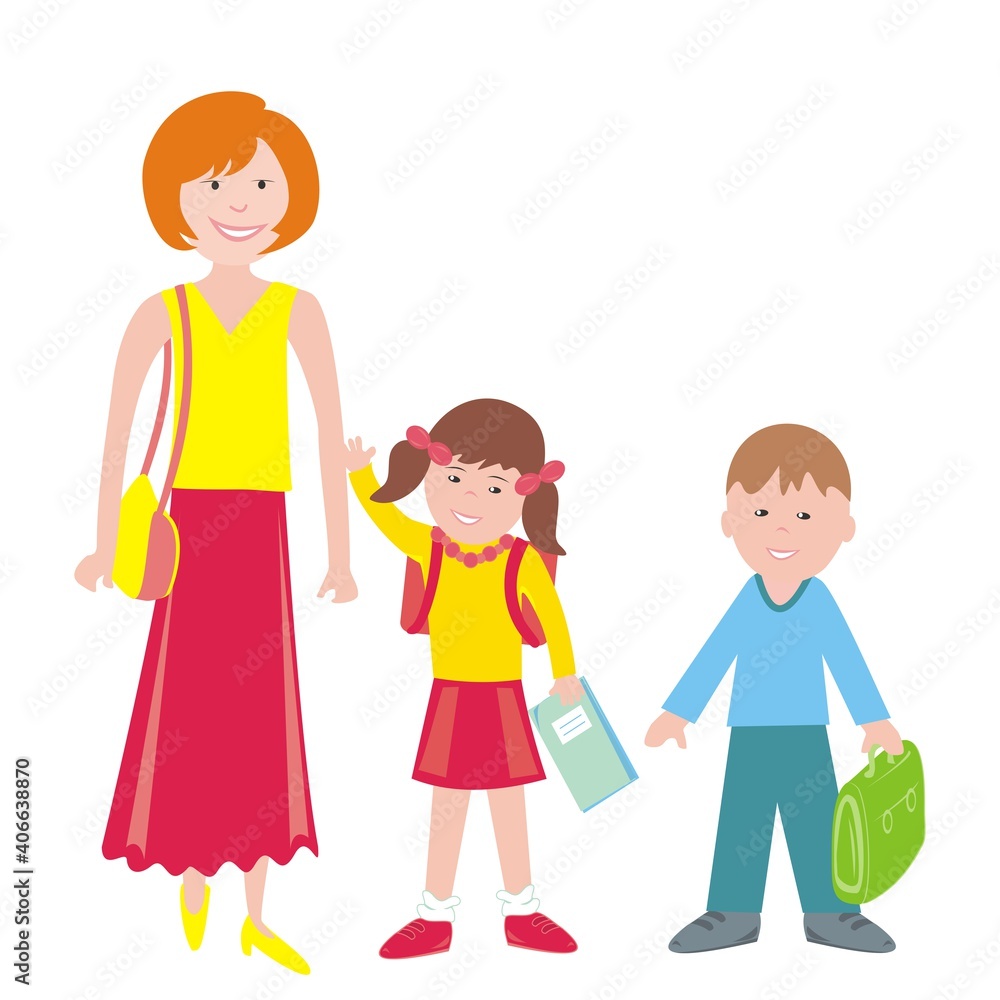 Mother with daughter and son go to school, vector illustration.  First day in school, vector illustration.