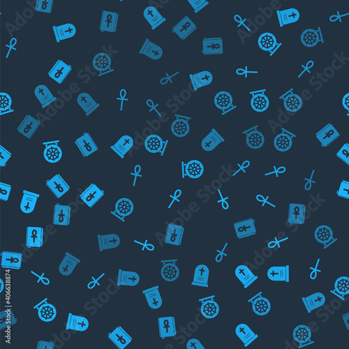 Set Tombstone with cross, Cross ankh, Dharma wheel and book on seamless pattern. Vector.