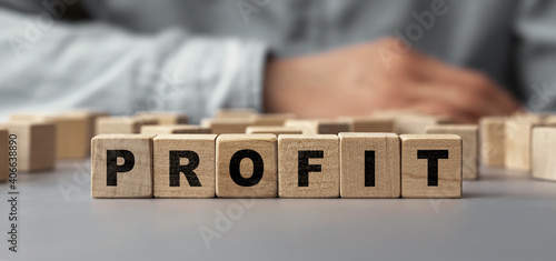 The word profit made from wooden cubes. Selective focus