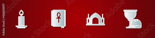 Set Burning candle, Cross ankh book, Hindu spiritual temple and Holy grail or chalice icon. Vector.