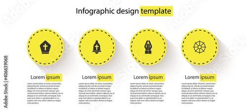 Set Pope hat, Church bell, Hands in praying position and Dharma wheel. Business infographic template. Vector.