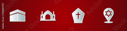 Set Kaaba mosque, Hindu spiritual temple, Pope hat and Star of David icon. Vector.