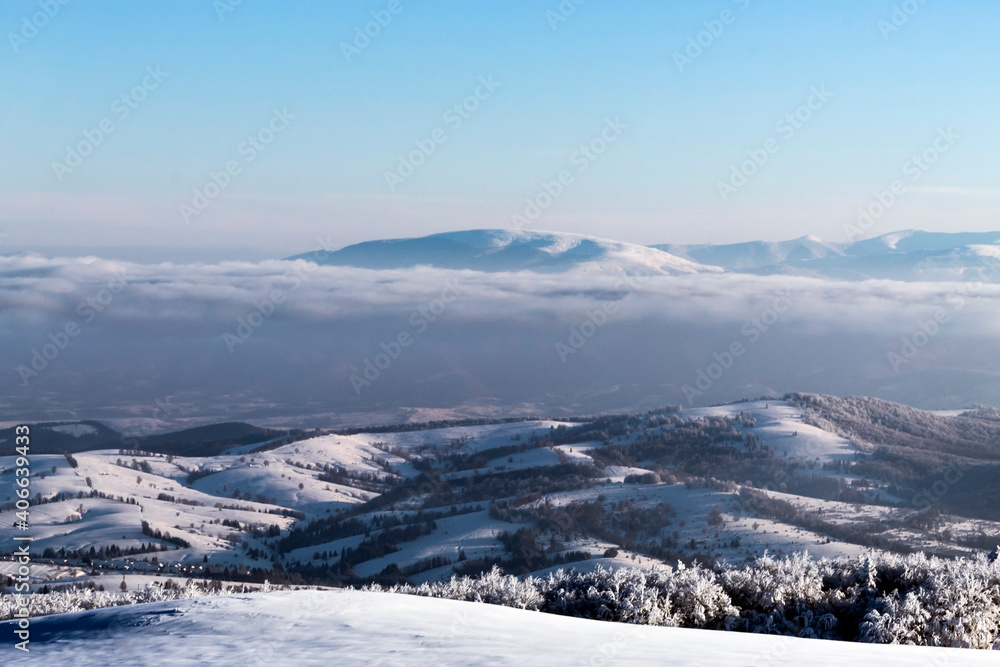 Mountain covered with fog surrounded by several forests