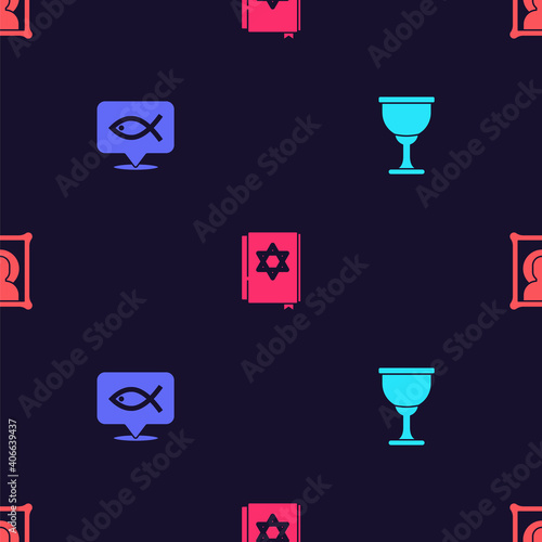 Set Holy grail or chalice, Christian fish, Jewish torah book and icon on seamless pattern. Vector.