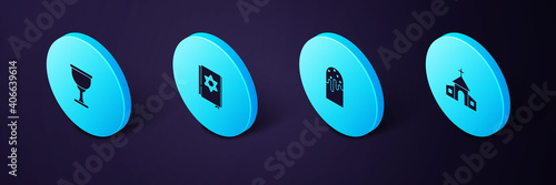 Set Isometric Church building, Easter cake, Jewish torah book and Holy grail chalice icon. Vector.