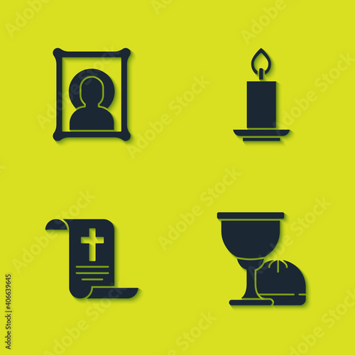 Set Christian icon, Holy grail or chalice, Decree, paper, parchment, scroll and Burning candle icon. Vector.