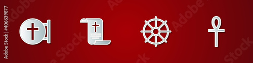 Set Christian cross, Decree, paper, parchment, scroll, Dharma wheel and Cross ankh icon. Vector.