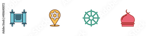 Set Decree, paper, parchment, scroll, Star of David, Dharma wheel and Muslim Mosque icon. Vector.