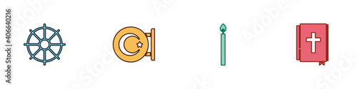 Set Dharma wheel, Star and crescent, Burning candle and Holy bible book icon. Vector.