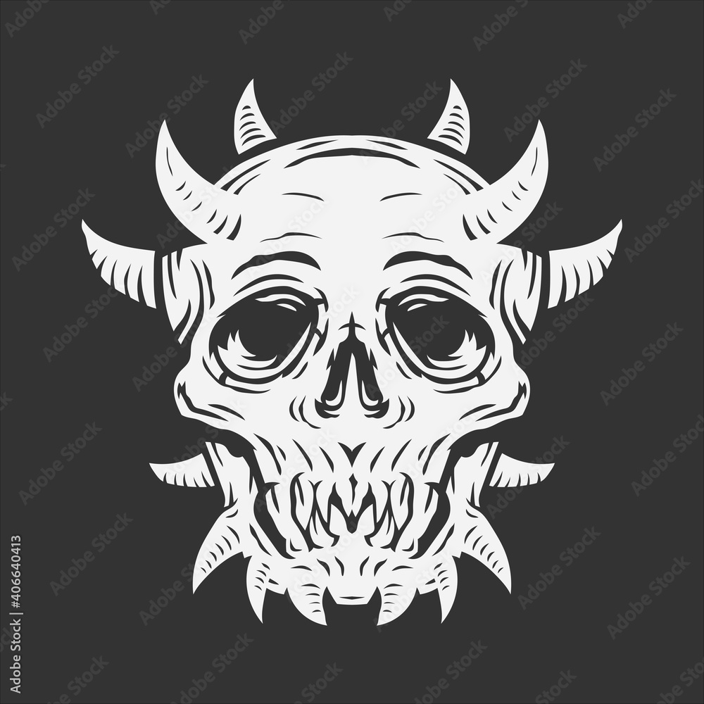 skull head with many horn. black and white drawing. vector illustration skull head with many horn. black and white drawing. vector illustration