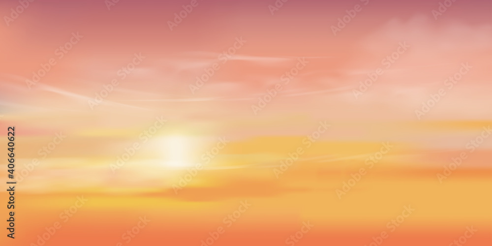 Sunrise in Morning with Orange,Yellow and Pink sky, Dramatic twilight landscape with Sunset in evening, Vector mesh horizon Sky  banner of sunrise or sunlight for four seasons background